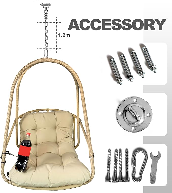 Foldable Rattan Hanging Egg Chair with Guardrail and Cup Holder for Indoor and Outdoor Relaxation in Patio Garden or Living Space - Ergonomic Design with Cushion and Pillow
