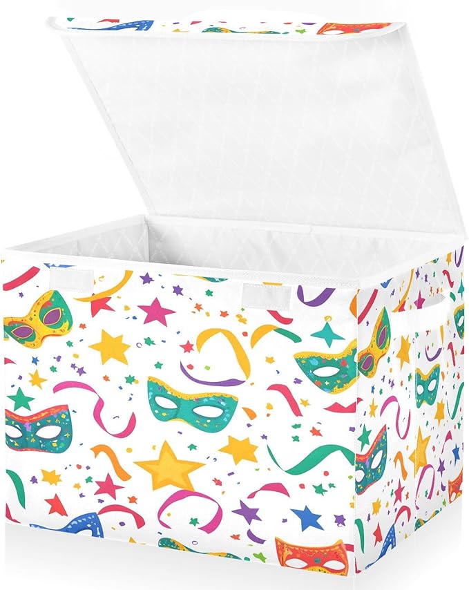Christmas Storage Baskets with Lids Mardi Gras Masks Collapsible Bins Stackable Fabric Linen Baskets Closet Organizer Container 16.5x12.6x11.8