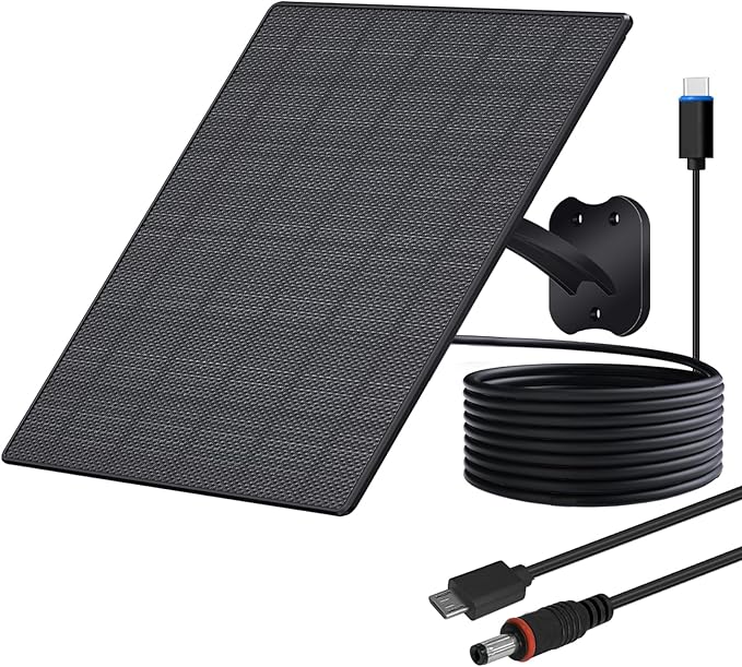 10W Solar Panel for Security Cameras 5V Outdoor Camera Solar Panel with USB-C Cable DC 5.5x2.1mm &amp Micro USB Port IP66 Waterproof with Adjustable Mount &amp 10FT Cable