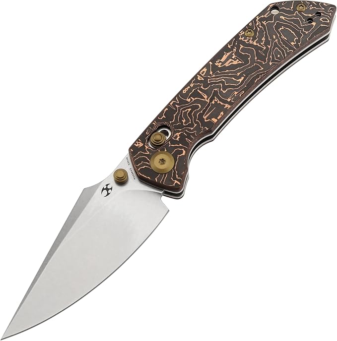 KANSEPT Fenrir Pocket Knife3.48'' Stonewashed CPM S35VN Harpoon Sharp BladeCopper Carbon Fiber Handle with Crossbar LockThumb Stud Pocket Clip for EdcCamping Survival Hiking Folding Knives K1034V3