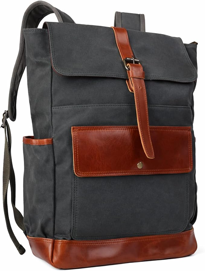 Heavy-Duty Wax Canvas with Top Layer Cowhide Retro Backpack Suitable for Men and Women'S Leisure/Hiking/Traveling/College Canvas Backpack(8431-Army Green)