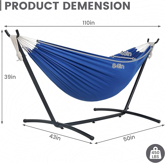 Lazy Daze Hammocks Double Hammock with 9ft Space-Saving Steel Stand Includes Portable Carrying Case 450 Pounds Capacity (Dark Blue)