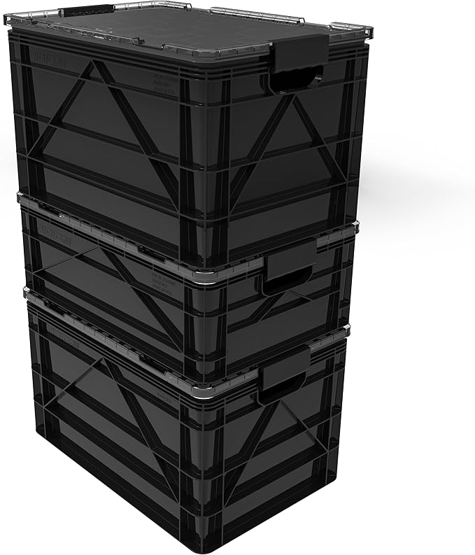 SIDIO CRATE Starter Pack - Two Full Size and One Half Size SidioCrate Stackable Outdoor Organizer Storage Bins with Clear Lid and Dividers - Black