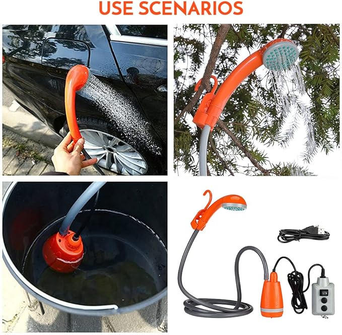 ACAGALA Outdoor Camping Shower Pump USB Rechargeable Shower Head with Folding Bucket for Camping Hiking Traveling