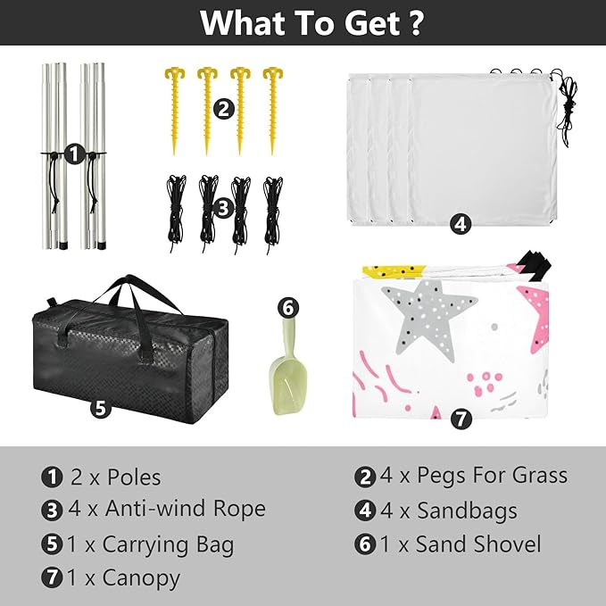 xigua Star Beach Tent Sun Shelter with Carrying Bag - Silver Coated Oxford Fabric Beach Canopy for Beach Camping Fishing - Includes Windproof Ropes Sandbags &amp Stakes