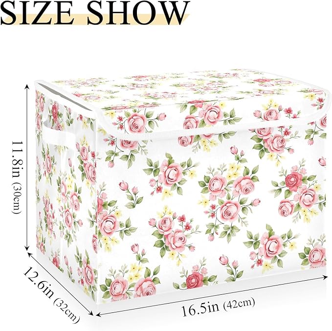 senya Flower Baskets Collapsible Storage Bins with Lids Pink Rose Flower Floral Storage Boxes Clothes Baskets for Organizing