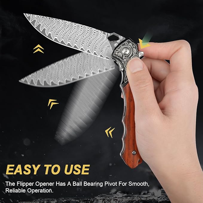 Zingbee Damascus Folding Knife 3.39 VG10 Core Damascus Steel Blade Pocket Knife for EDC Wood Handle Pocket Knives for Camping Survival Hunting