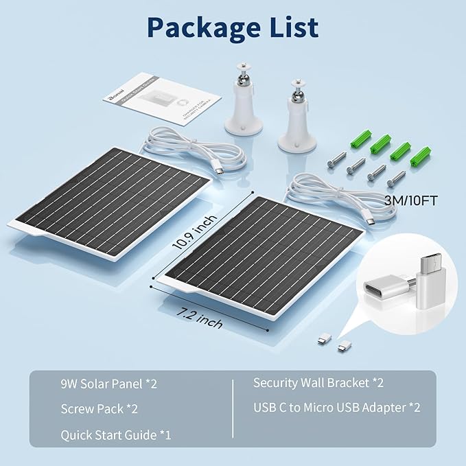 2 Pack 9W Solar Panels- IP65 Waterproof High Efficiency Charger with 10FT USB-C Cable and Micro USB Adapter Works in -4°F~176°F for Outdoor Cameras Smartphones and All DC 5V Devices