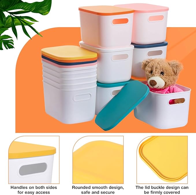Thyle 12 Pack 7 Quarts Plastic Storage Bins Stackable Baskets with Lid and Handle with Label Colorful Desktop Box Toy Containers for Classroom Shelf Bedroom 10 x 7 x 6 Inch (White)