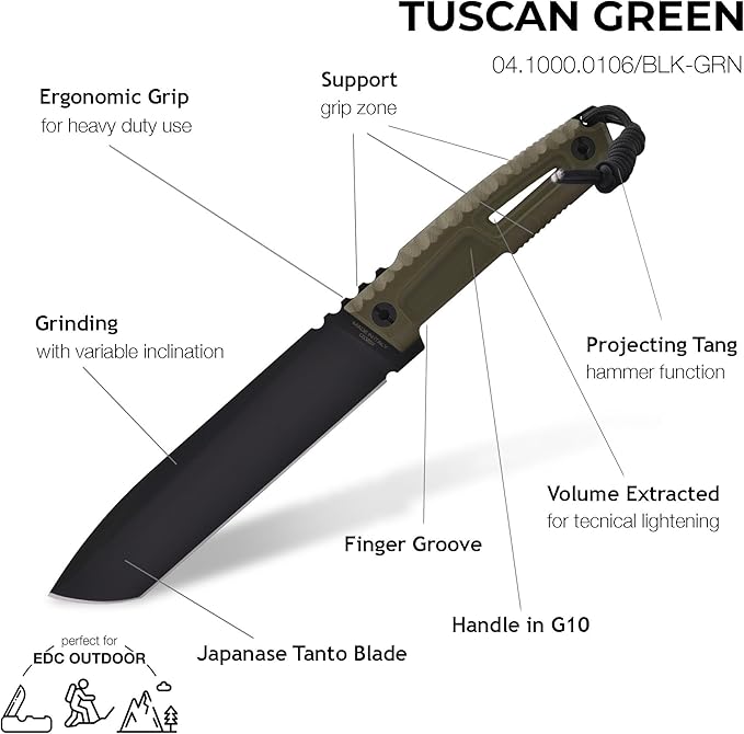 Extrema Ratio - Tuscan (Green) Fixed Blade Knife Bohler N690 steel blade 3.5 mm thick hardened to 58 HRC satin finish blade aluminum handle made in Italy