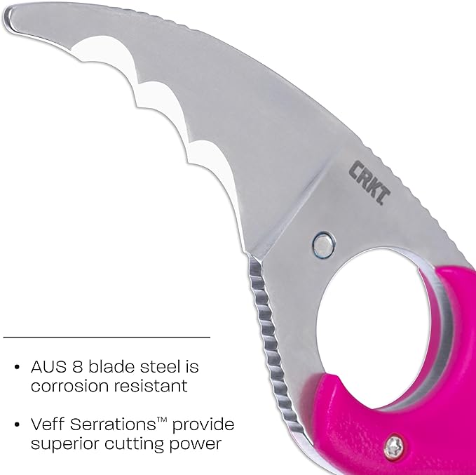 CRKT Bear Claw Fixed Blade Knife with Sheath: Rafting Rescue Self-Defense Serrated Blade with Blunt Tip Pink Glass-Reinforced Nylon Handle Positive Sheath Lock 2511F