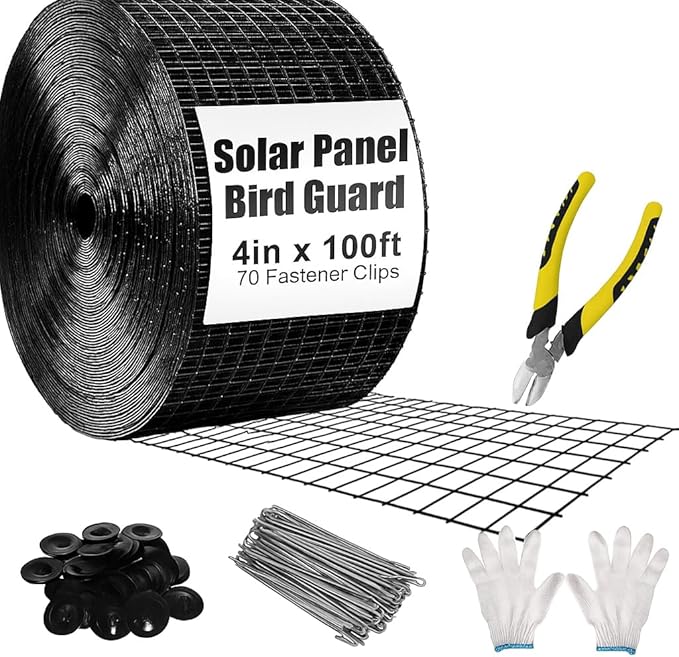 4in X 100ft Solar Panel Bird Guard - 1/2 Black PVC Mesh Galvanized Rust-Resistant Net Critter Guard for Solar Panels with 70 Fastener Clips Gloves Cutting Pliers