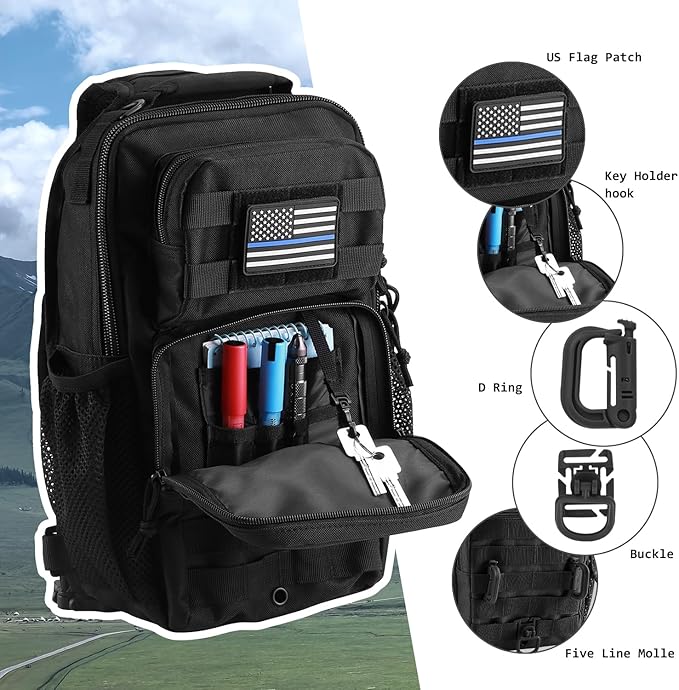 Rover Sling Pack Tactical Shoulder Sling Bag Backpack with Bottle Holder Crossbody Chest Bag Black
