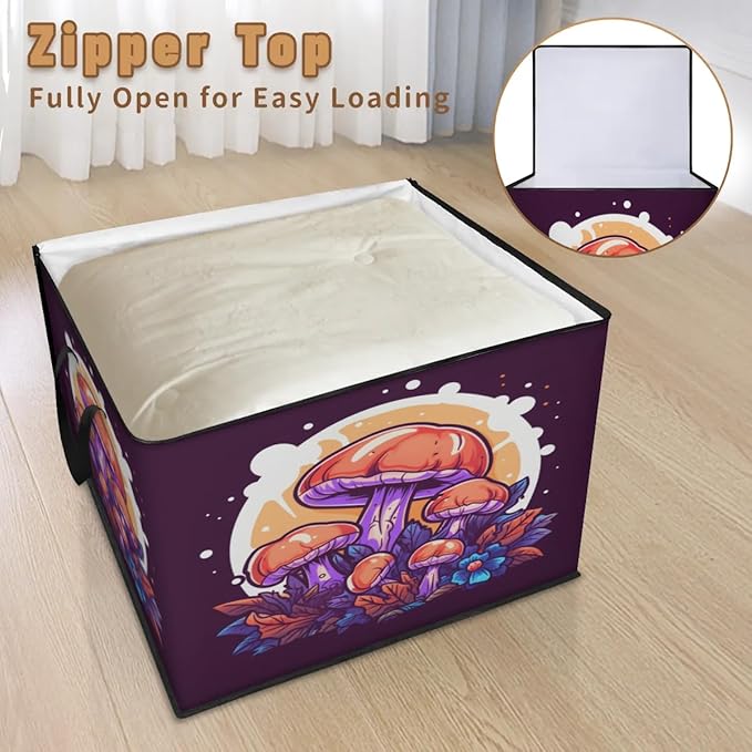 Large Funny Mushroom Storage Bags with Lid XL Blanket Clothes Storage Bins Foldable Organizers Storage Containers with Handle for Comforters Bed Sheets Pillows Cute Retro Mushroom