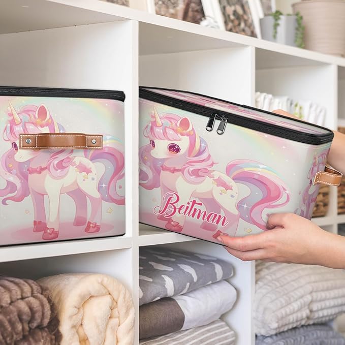 Storage-Bins with Lids Handle Customized Stackable-Storage-Bin for Kids-Boys-Girls-Toys Cube Collapsibl Basket Unicorn Stars