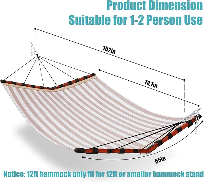 TegerDeger 12FT 2 Person Hammock Large Hammock Quick Dry 450LB Capacity with V Shaped Hardwood Spreader Bar &amp Nylon Rope for Outside Patio Garden Backyard Beach Poolside - Beige Stripes