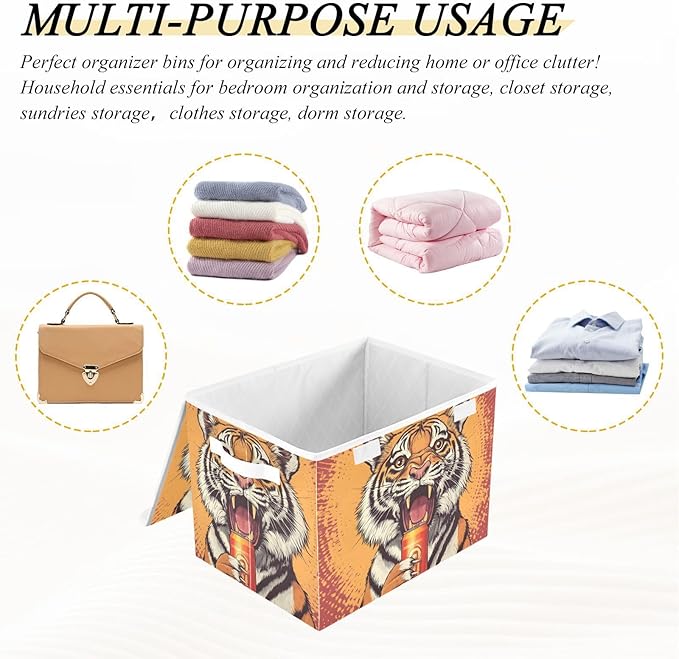 Storage Cube with Lid Animal with Drink Print 16.5×12.6×11.8 IN Collapsible Large Capacity Foldable Storage Basket Bin Organizer