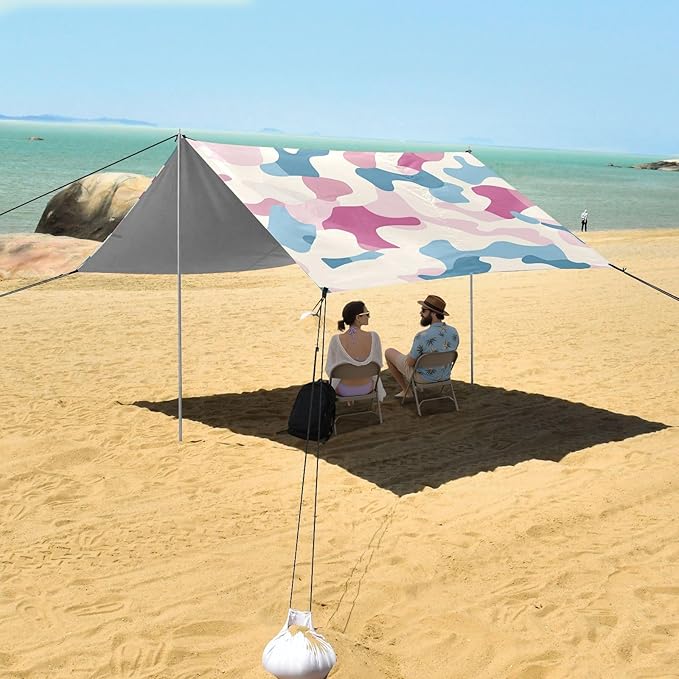Powder Blue Foldable Beach Canopy UPF50 Lightweight Portable Sun Shelter with Sturdy Poles Sandbags and Shovel for Family Trips Picnics &amp Camping