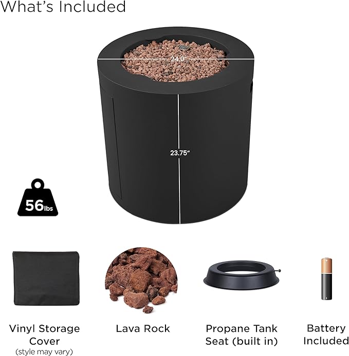Real Flame Aegean 24 Round Propane Gas Fire Pit Table with Hidden Tank 50000 BTU Powder-Coated Steel Push-Button Ignition Lava Rock Storage Cover Stainless Steel Burner with Lid - Black