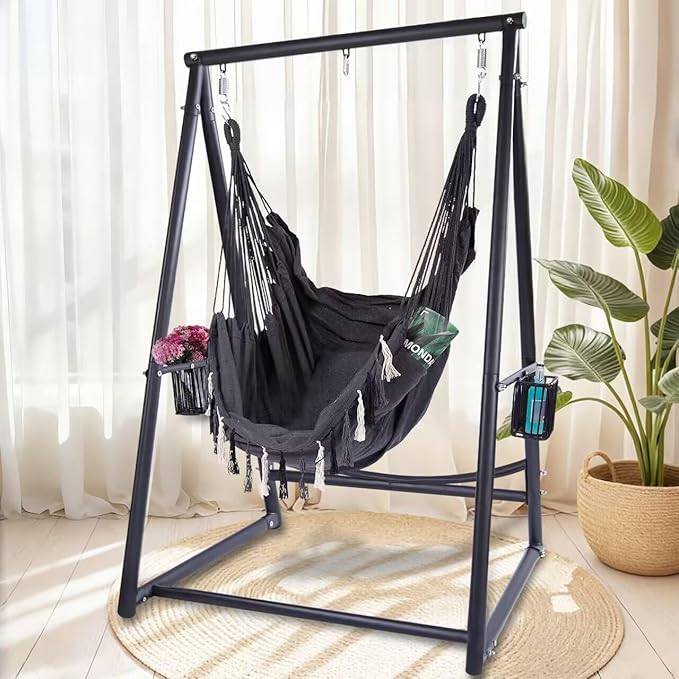 YOXIFOC Reinforced Base &amp Triangular Structure Hammock Stand with 2 Storage Baskets Swing Stand with 3 Hooks Fit for Most Hanging Chair for Oudoor&ampIndoor (with Chair) (Black)