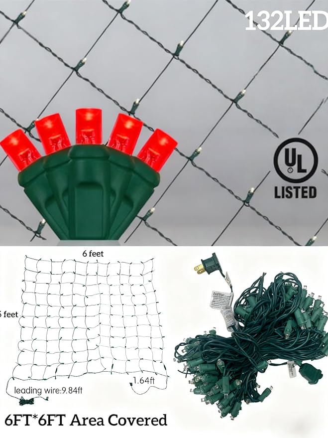 Led Christmas Net Lights for Bushes 132LED 6FT x 6FT Connectable UL Certified Net Lights for Bushes Tree Shrubs Xmas Trunk Green Wire Christmas Decorations
