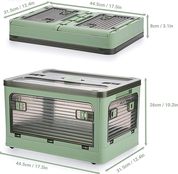 Folding Storage Bins 36 Liters 2 Pcs Green Plastic Storage Containers with Wheels Four Doors Foldable Stackable Plastic Box with Lids for Organization Storage Cart