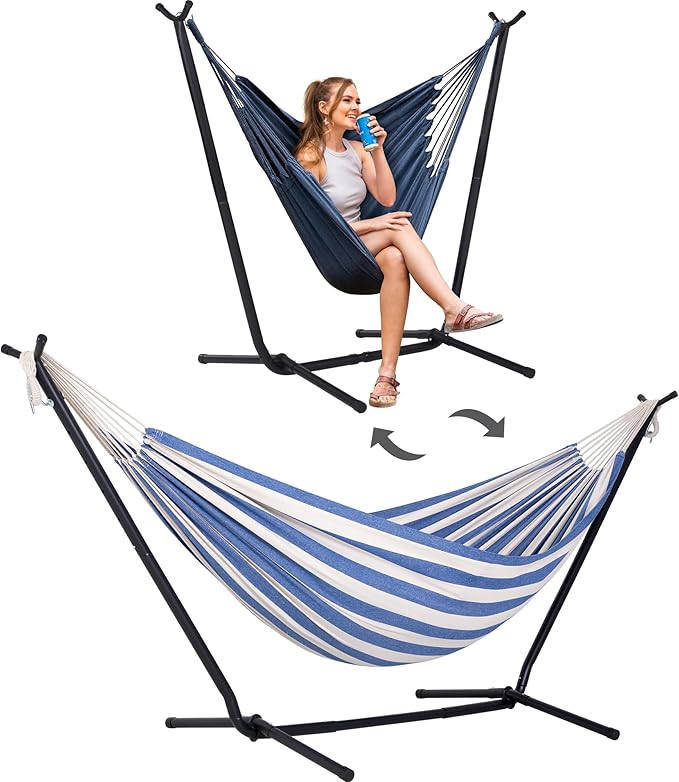 SUNCREAT 2-in-1 Convertible Free Standing Hammock with Stand Included Camping Backyard Hammock with Stand Patented Blue &amp White Stripe