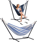 SUNCREAT 2-in-1 Convertible Free Standing Hammock with Stand Included Camping Backyard Hammock with Stand Patented Blue &amp White Stripe