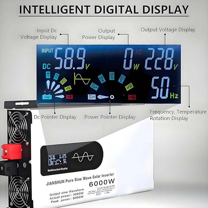 6000W Solar Hybrid Inverter 12V/24V/48V/60V/72V/96V DC to 110V/220V Pure Sine Wave Power Inverter With 2 AC Outlets LCD Display For Lead Acid/Lithium Batteries for Off-Gird/Home/Shed96V-220V