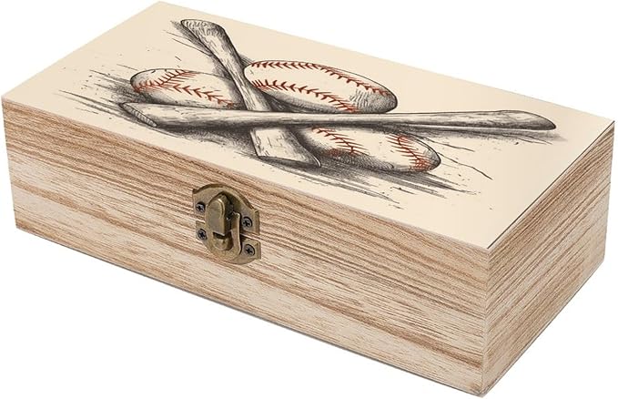Decorative Wooden Storage Box with LidsBaseball Bats And Ball Print Wooden BoxWooden Gift Boxes for KeepsakeJewelry And Home Decoration
