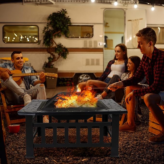 LEMY 32 Inch Outdoor Fire Pit Table Wood Burning Firepit Stove with Lid for Camping&ampBBQ Garden Backyard