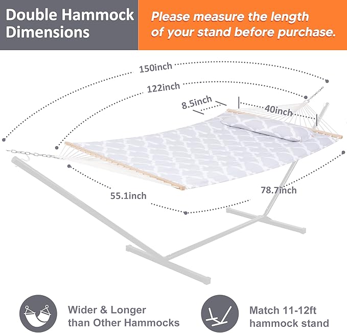 SUNCREAT Replacement Hammock for Stand 475 lbs Capacity Two Person Backyard Hammock for Outside Gray Cloud