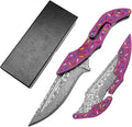 7.3 Damascus Steel Folding Pocket Knife Doughnut Pink Nylon Fiber Handle Mechanical Lock Outdoor EDC Knife for Camping Hiking Fishing Gift
