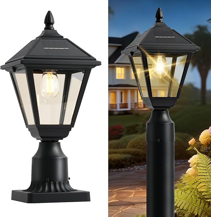 Solar Lamp Post Light 3000K Dusk to Dawn Solar Post Lights with Pier Mount Base Waterproof Outdoor Post Lantern Aluminum &amp Glass Housing for Garden Yard Pole Pillar
