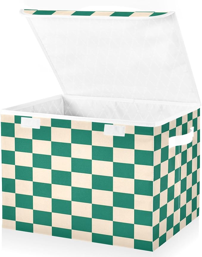 Storage Bins With Lid Stackable Fabric Closet Organizer Clothing Storage Large Boxes For Closet Shelves Bedroom Checkered Emerald Green and Beige