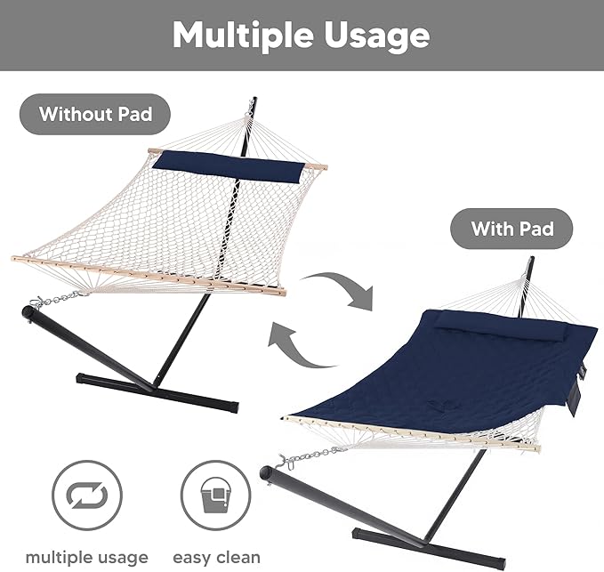 SUNCREAT Two Person Hammock with Stand Heavy Duty Backyard Hammock and Stand Navy Drops