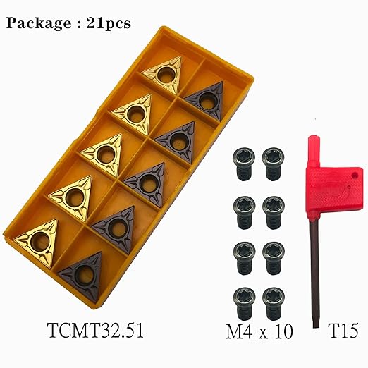 21pcs TCMT32.51 TCMT16T304 Carbide Turning Inserts Replacement Inserts for Lather Tool Holder with M4x10 Alloy Steel Hex Screws and T15 Wrench for Stainless Steel and Steel