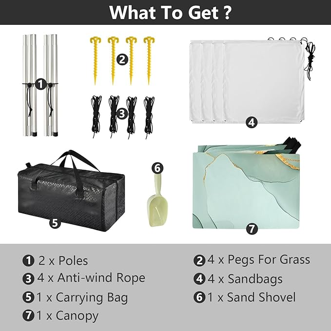Marble White Green Foldable Beach Cabana UPF50+ Protection Easy Setup Shade Sun Shelter with Sandbags &amp Sand Shovel for Camping Picnics Backyard