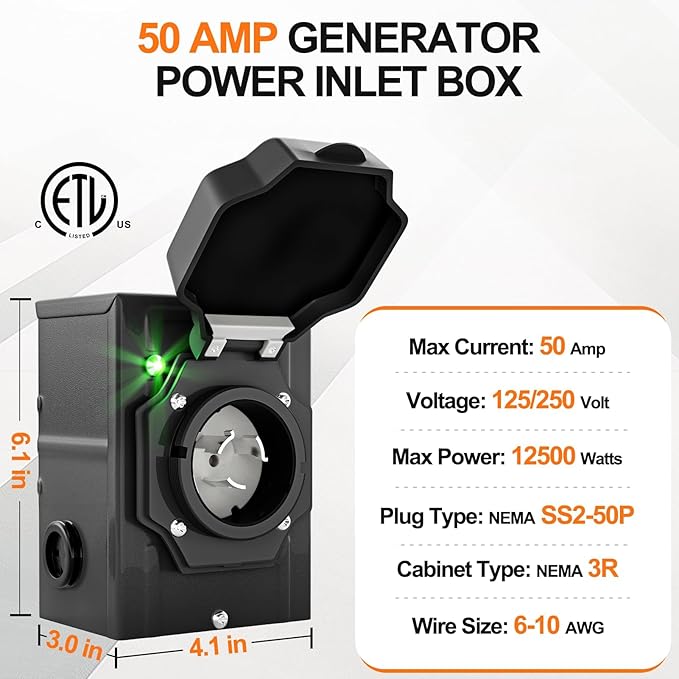 50 Amp Generator Inlet Box with Green Safety Light NEMA SS2-50P Weatherproof Inlet Box for 3 Prong Generator Cord ETL Listed 125/250 Volt 12500 Watts Power for RV Outdoor