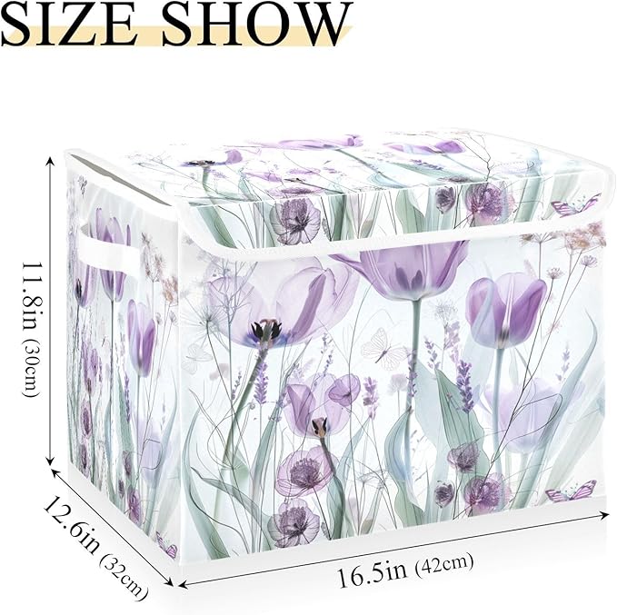 senya Baskets Collapsible Storage Bins with Lids Purple Tulips Flowers Pastel Storage Boxes Clothes Baskets for Organizing B06D22020