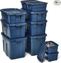 Rubbermaid Roughneck Tote Variety - |Made in the USA| Dark Indigo Metallic Rugged Plastic Stackable Storage Tote with Lid and Handles (Pack of 10)