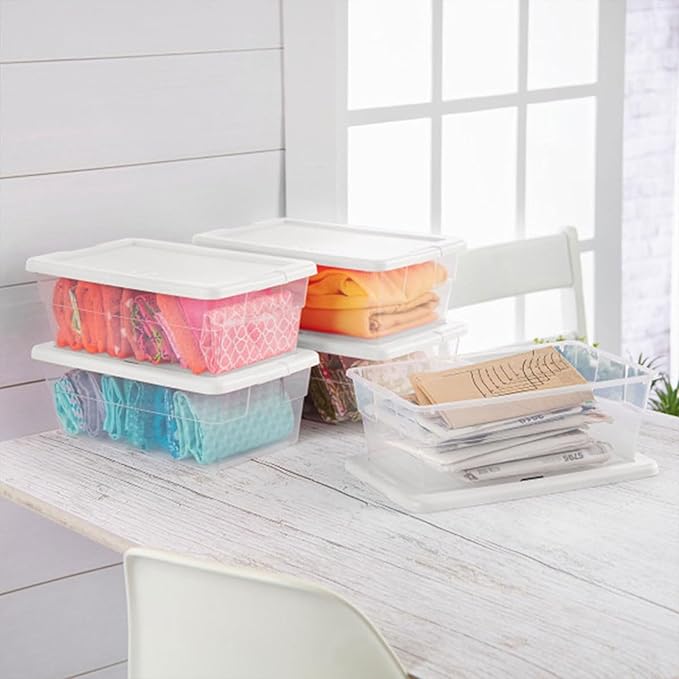 Sterilite 12-Pack 6 Quart Storage Boxes Stackable Clear Plastic Bins with Snap-On Lids – Heavy-Duty Organizing Containers for Closet Bathroom and Office