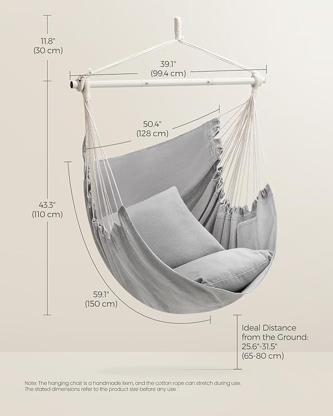 SONGMICS Hammock Chair Load Capacity 500 lb Hanging Chair with 2 Cushions Large Hammock Swing with Chain and Pocket for Indoor Outdoor Living Room Bedroom Dove Gray UGDC197G01