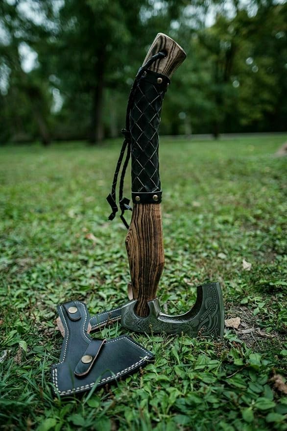 Hand-Forged Viking Axe with Carbon Steel Blade – Ash Wood Handle – Norse Inspired Battle Hatchet for Camping Throwing Collecting or Unique Gifting – Handmade Craftsmanship.