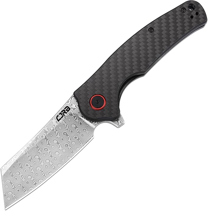 CJRB Damascus Pocket Knife for Men 3.43 Folding Knife with Carbon Fiber Handle Pocket Clip &amp Flipper Opener for Camping Hiking EDC (J1904)