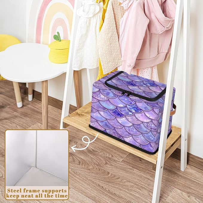 Mermaid Scales Storage Box with Lid Ocean Beach Collapsible Storage Bins Baskets Cubes Closet Shelf Clothes Organizer Containers with PU Leather Handles