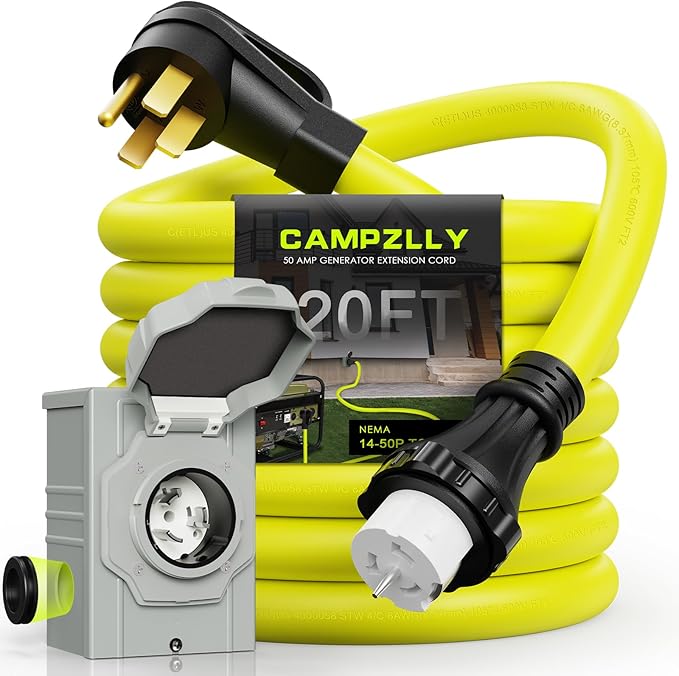 50 Amp Generator Cord 20FT and Power Inlet Box NEMA 14-50P Male to SS2-50R 125/250V Twist Lock Connector with Pre-Drilled NEMA SS2-50P Generator Inlet Box for Generator to House ETL Listed