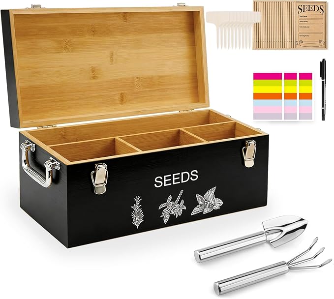 Natural Bamboo Seed Storage Organizer Box – Large Seeds Saver Kit Included Stainless Steel Garden Tools 20 Seed Envelopes 10 Wooden Plant Labels Mark Pen &amp 3 Color Stickers