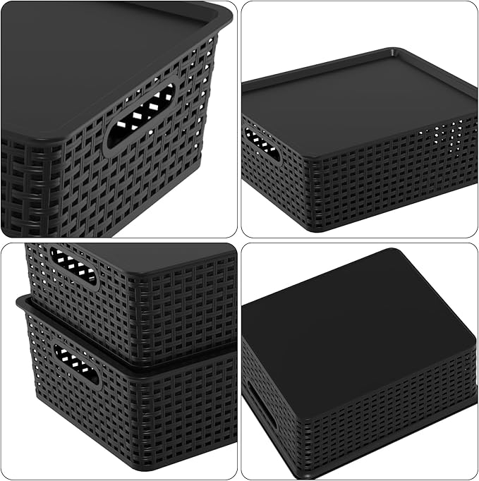 6 Packs Plastic Woven Storage Basket with Lids Lidded Storage Basket Bin for Shelves 14.05 L x 11.65 W x 5.31 H Black