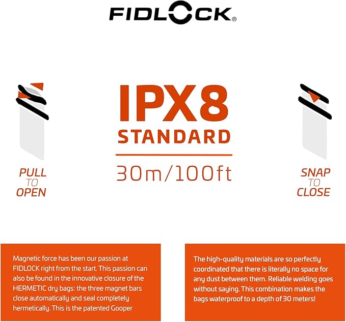 FIDLOCK Hermetic Dry Bag Flexible Magnetic Self-Sealing Bag for Cellphone | 100% Water &amp Sand Proof | Practical Size with a Large Opening | Lanyard Included | Mega | Fabric Black